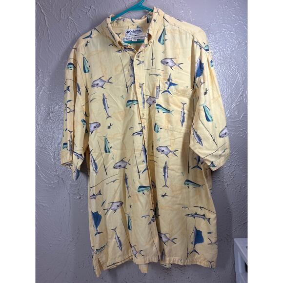 Columbia Billfish Marlins Print Casual SS Cotton Shirt Mens Yellow Blue Large - Picture 1 of 6